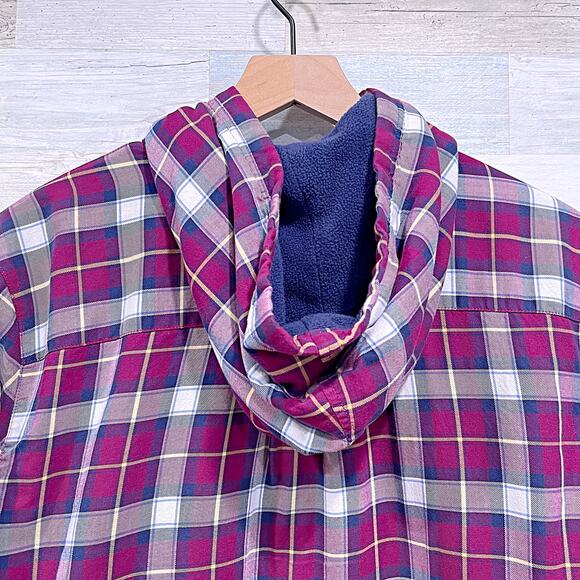 LL Bean Hooded Fleece Lined Shacket Red Blue Plaid Shirt Jacket Womens Large - Picture 4 of 6